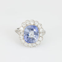 Vintage 5.70 carat sapphire diamond platinum halo ring