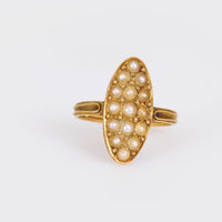 Victorian French seed pearl 18k yellow gold navette ring