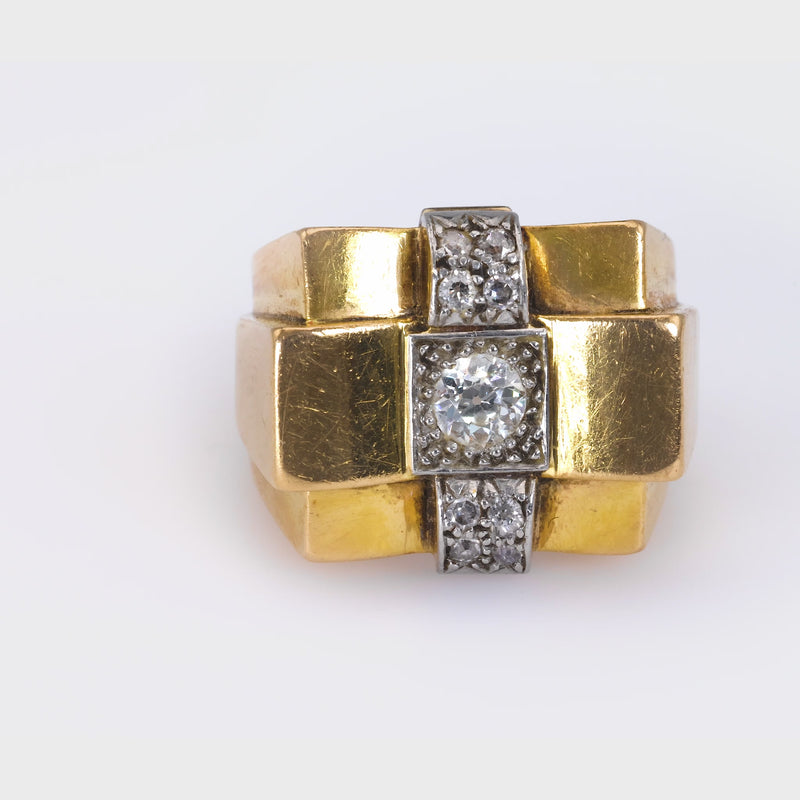 French Retro Diamond Yellow Gold & Platinum Tank Ring