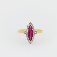 Edwardian GIA ruby diamond 18k yellow gold navette ring