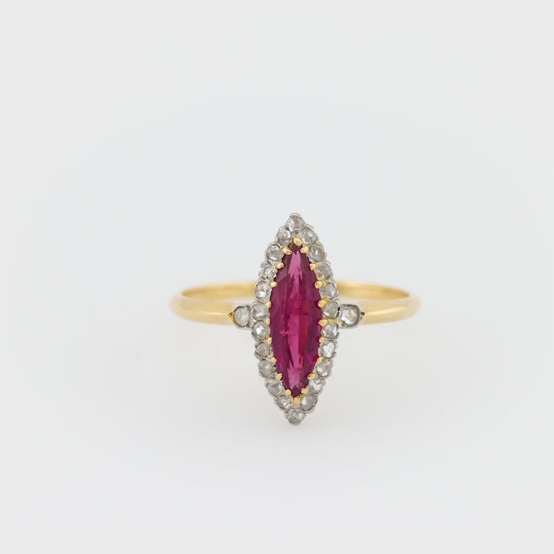 Edwardian GIA ruby diamond 18k yellow gold navette ring