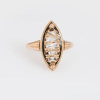 Antique diamond 18k rose gold enamel Navette ring