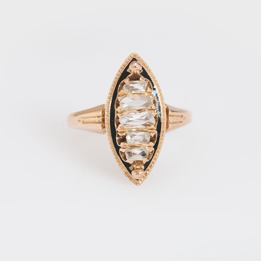 Antique diamond 18k rose gold enamel Navette ring