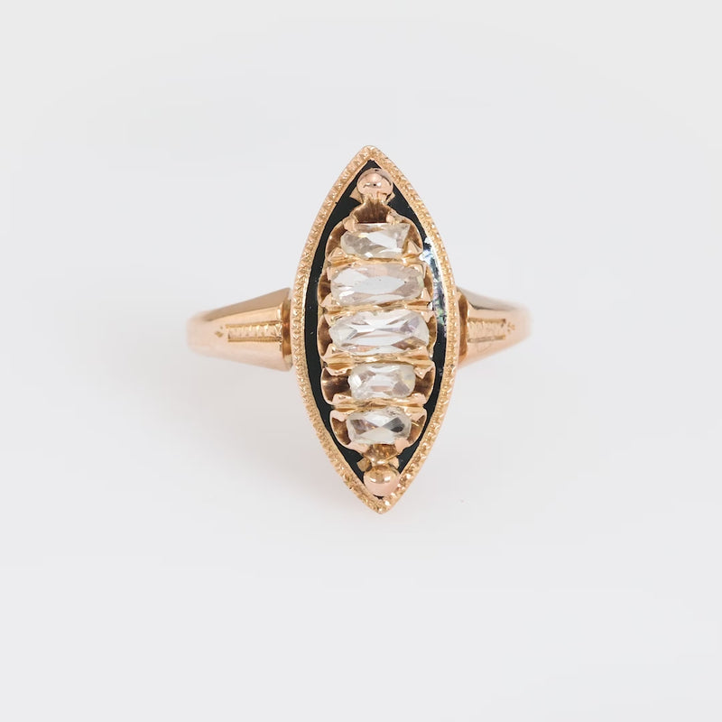 Antique diamond 18k rose gold enamel Navette ring