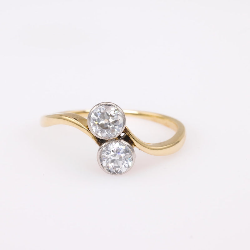 French Belle Epoque Diamond 14K Yellow Gold Platinum Toi Et Moi Ring