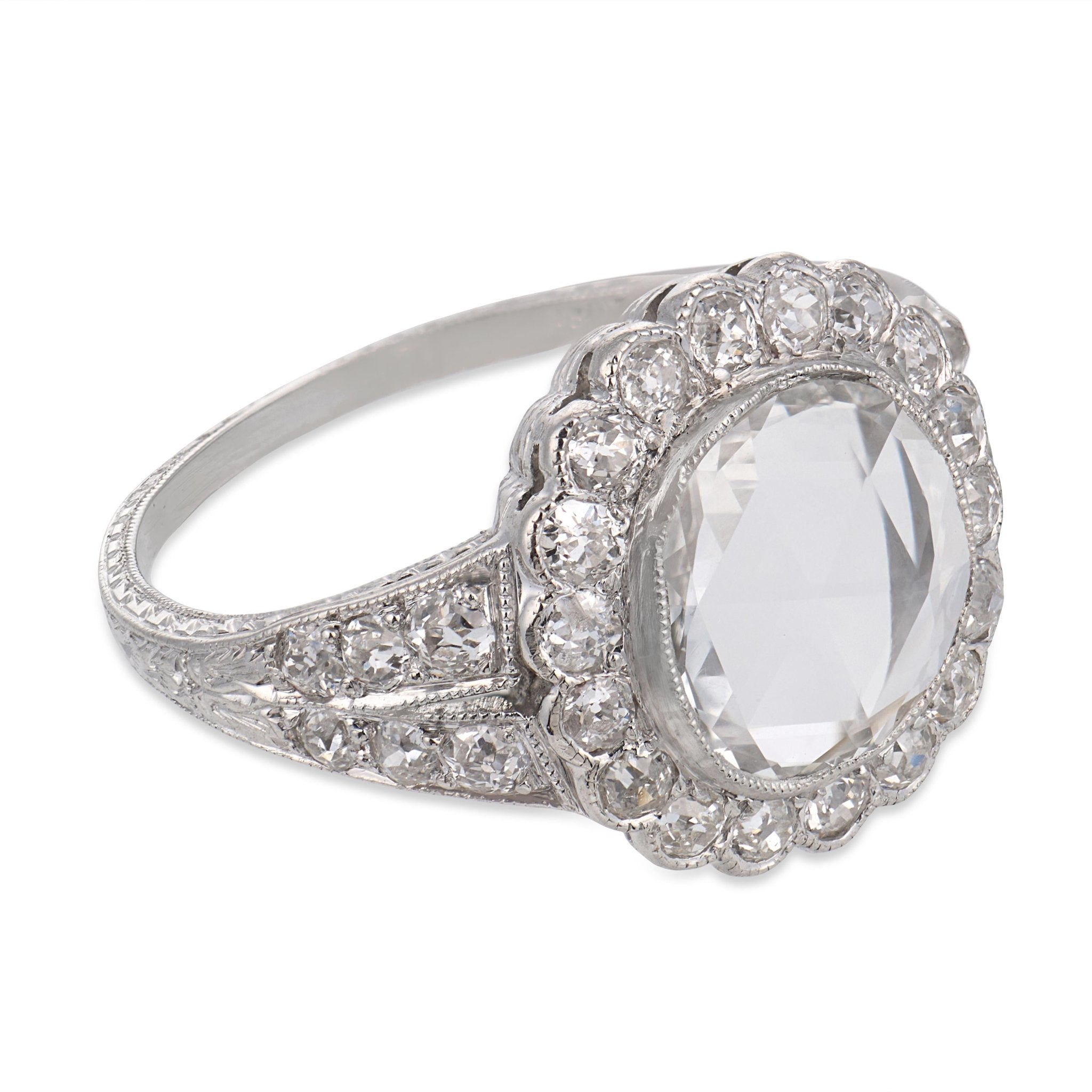 Edwardian GIA 0.91 carat rose cut diamond platinum cluster engagement ring