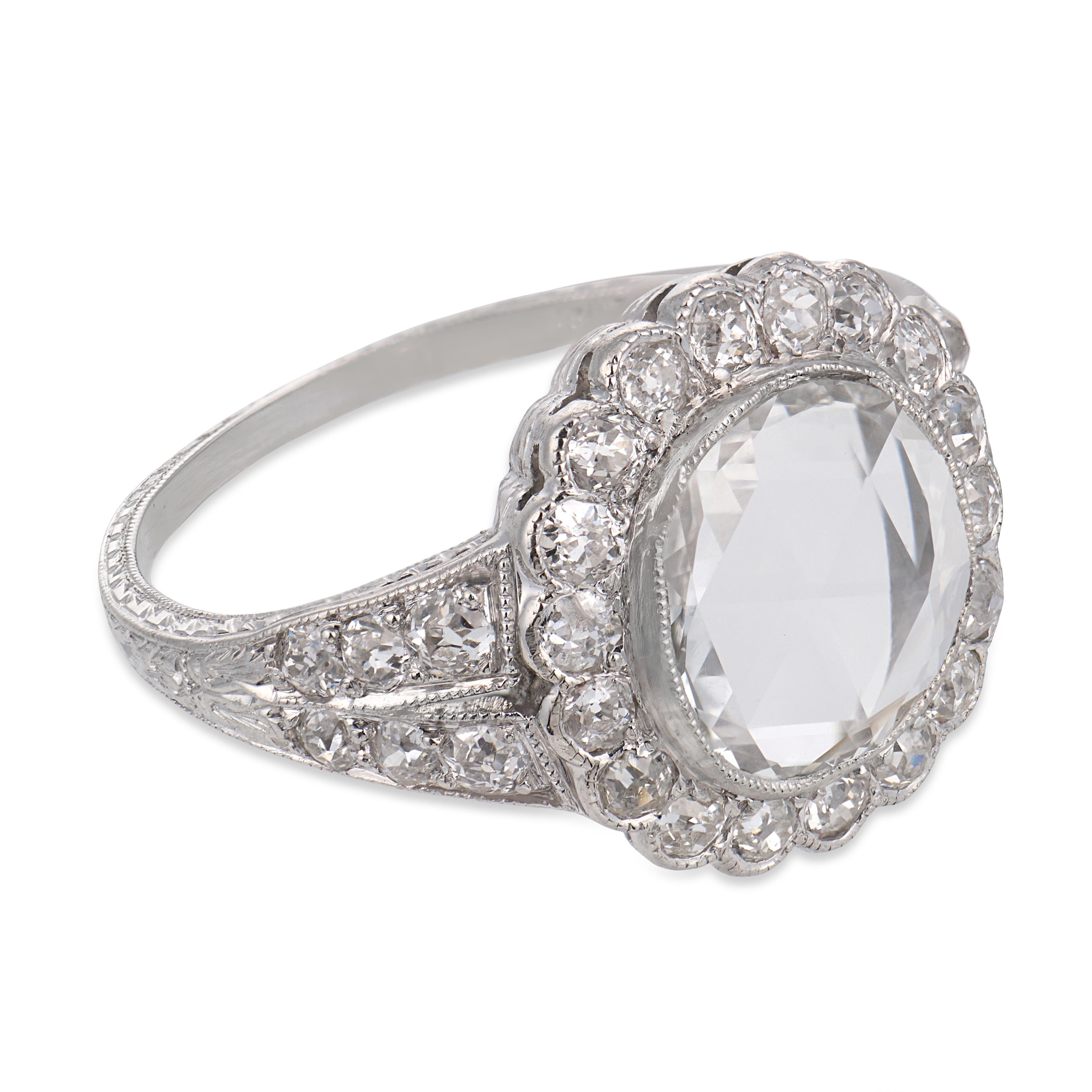 Edwardian GIA 0.91 carat rose cut diamond platinum cluster engagement ring