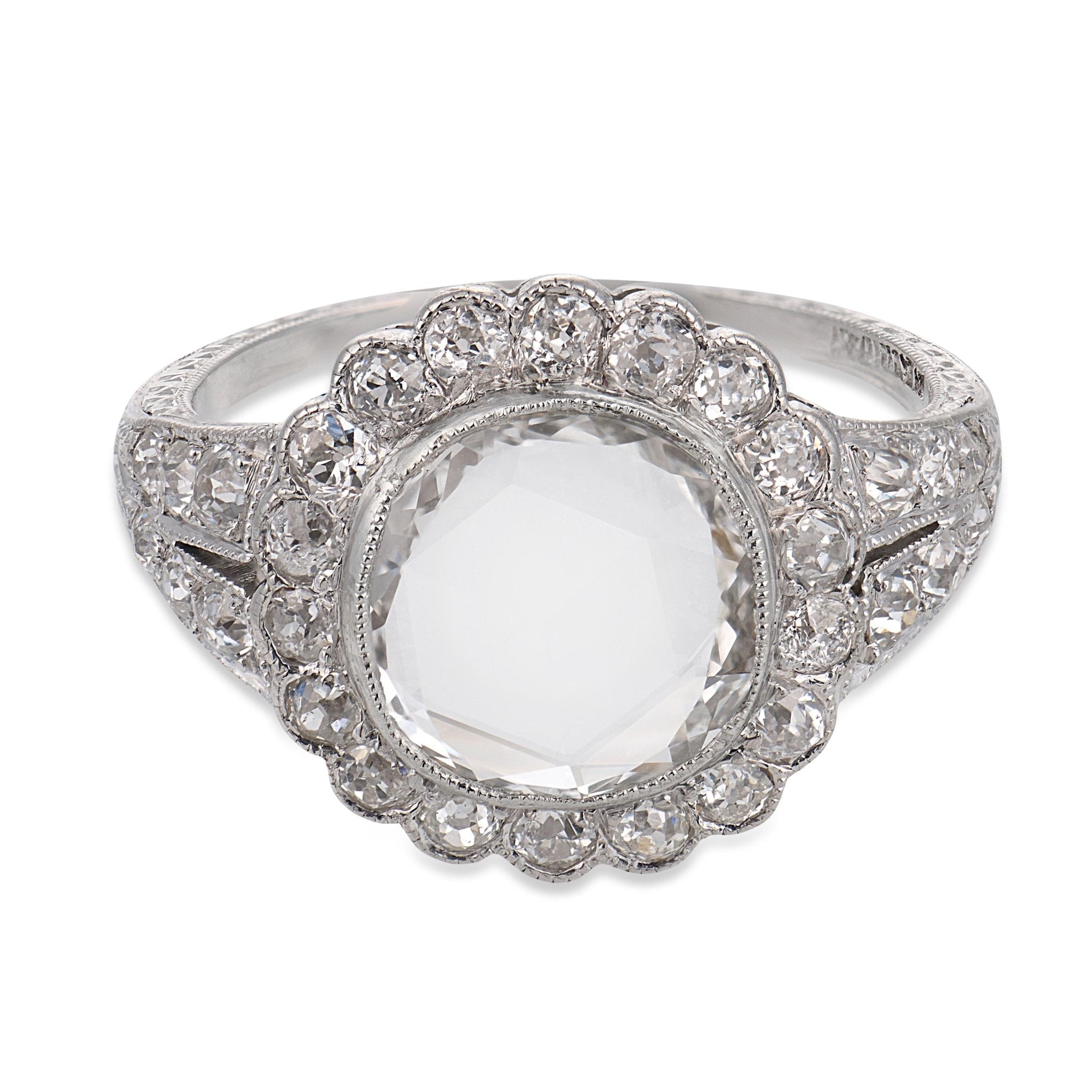 Edwardian GIA 0.91 carat rose cut diamond platinum cluster engagement ring