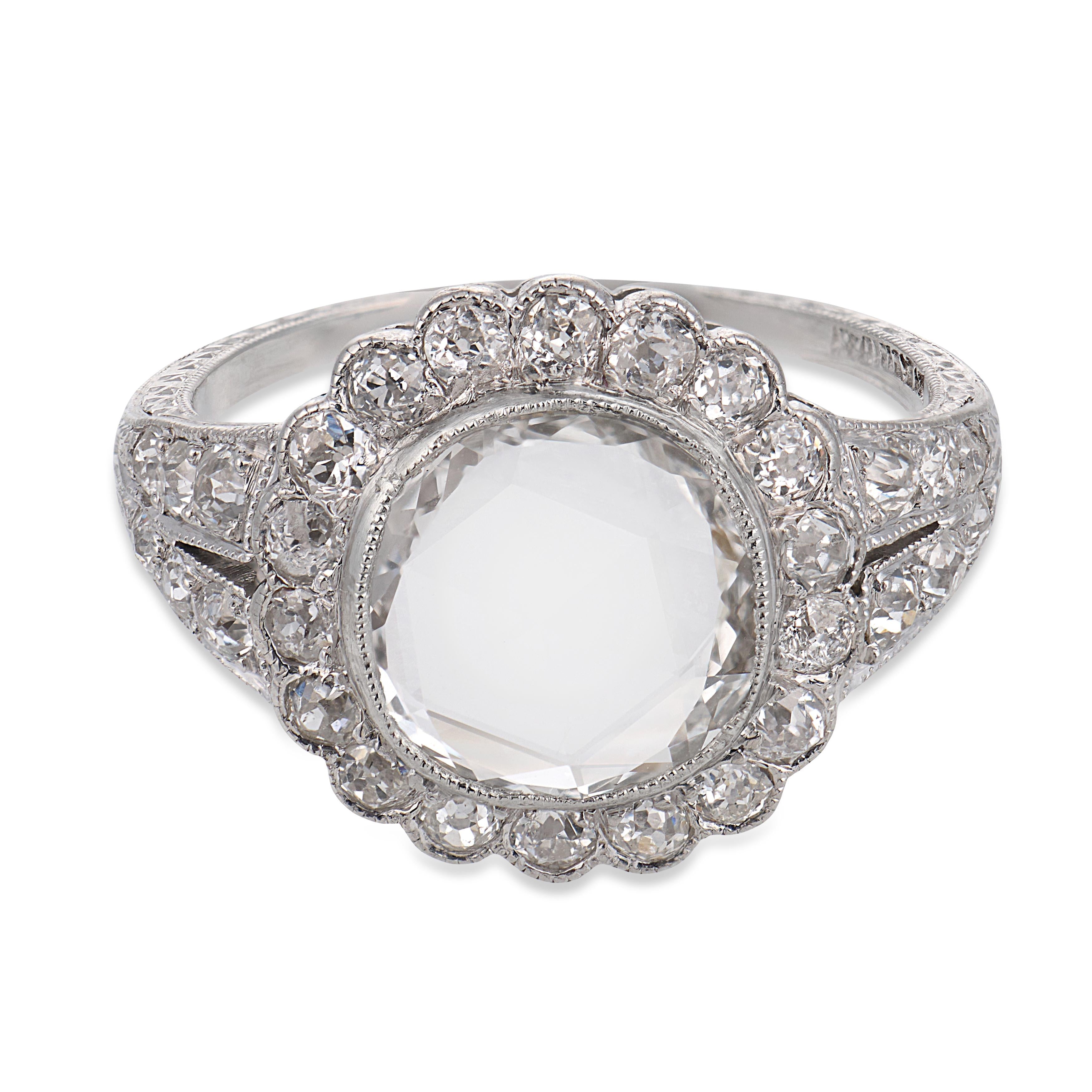 Edwardian GIA 0.91 carat rose cut diamond platinum cluster engagement ring