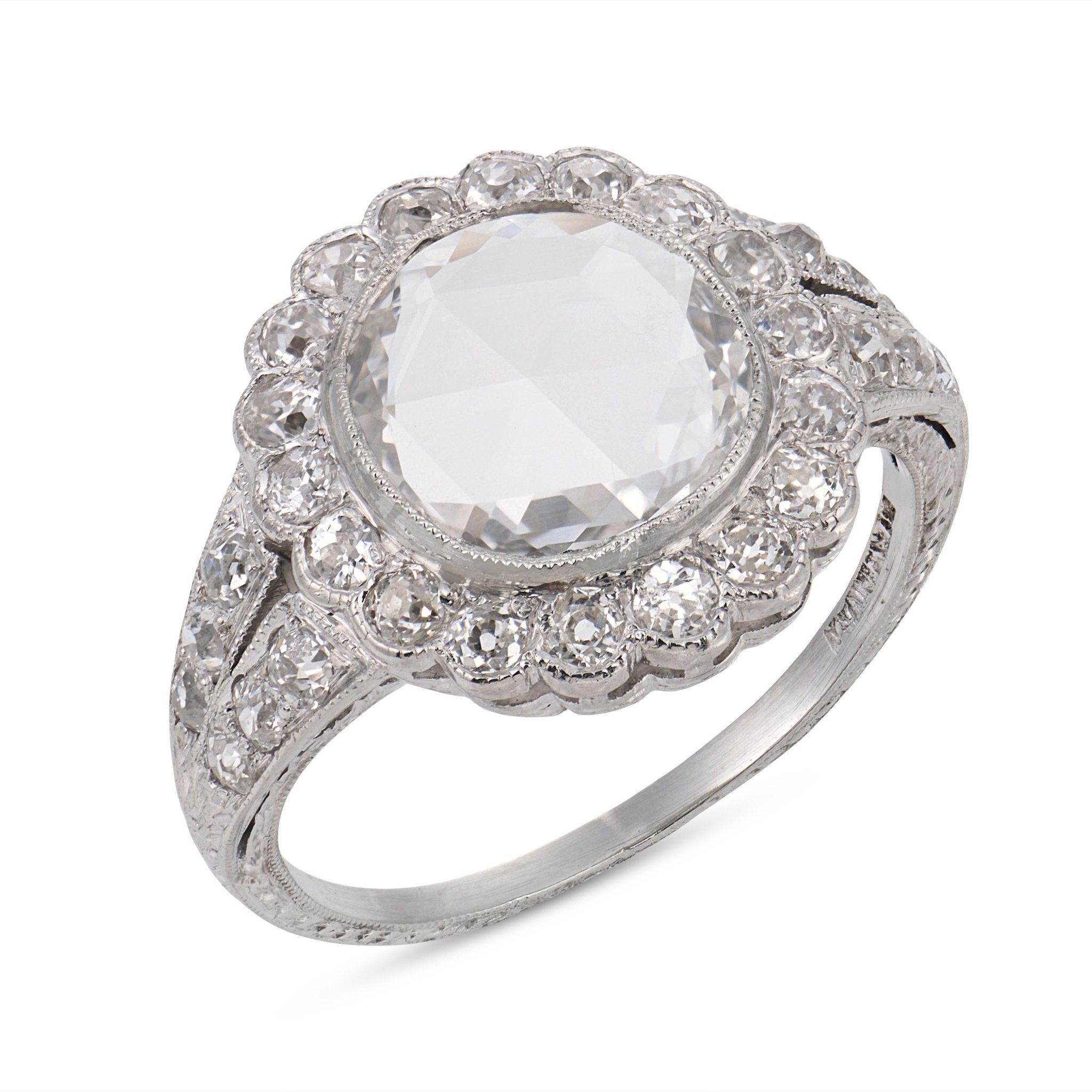 Edwardian GIA 0.91 carat rose cut diamond platinum cluster engagement ring