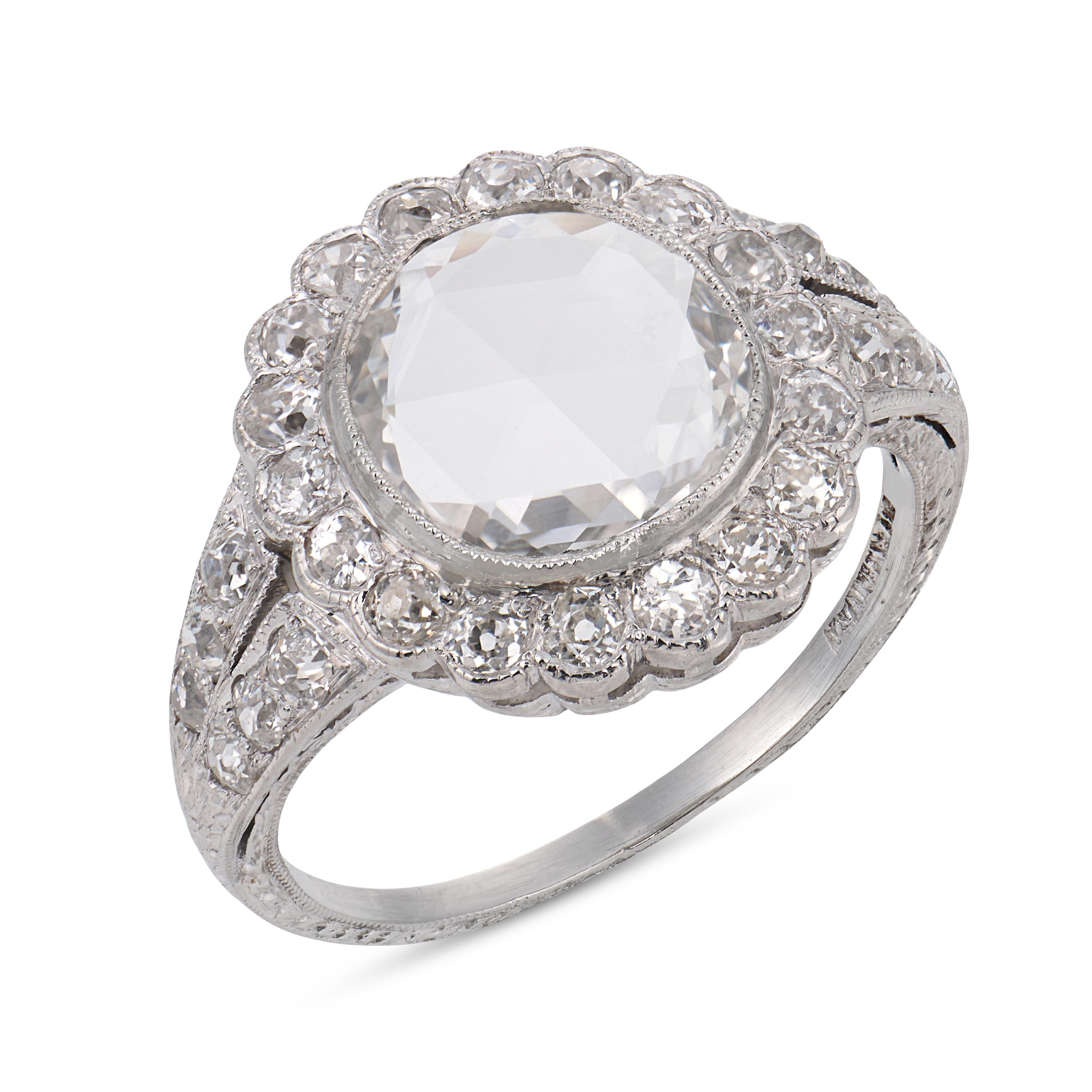 Edwardian GIA 0.91 carat rose cut diamond platinum cluster engagement ring