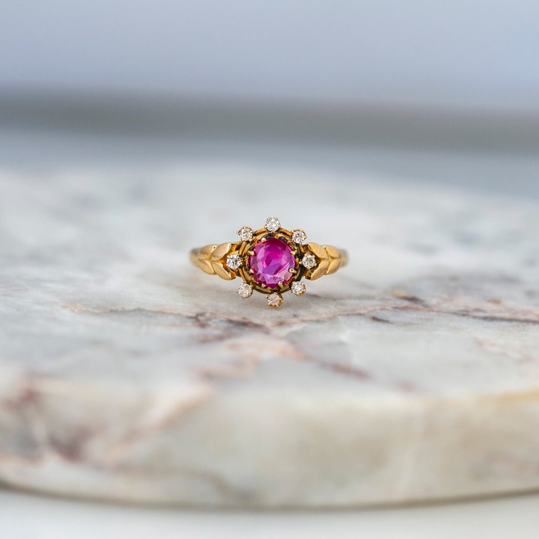 Vintage 0.50ct Ruby and Diamond Halo Starburst Engagement Ring | Rowan Circle