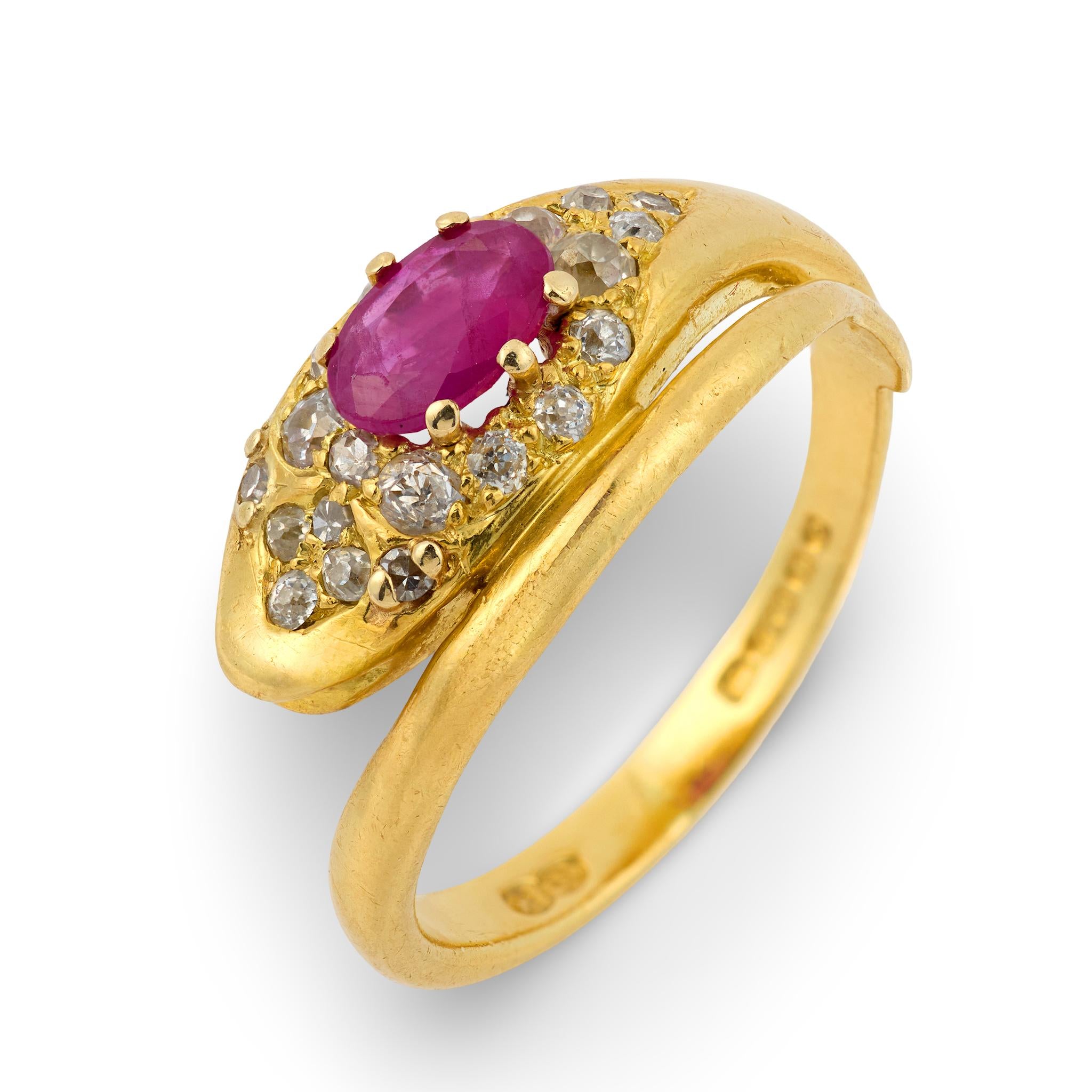 Victorian English ruby diamond 18k yellow gold snake ring