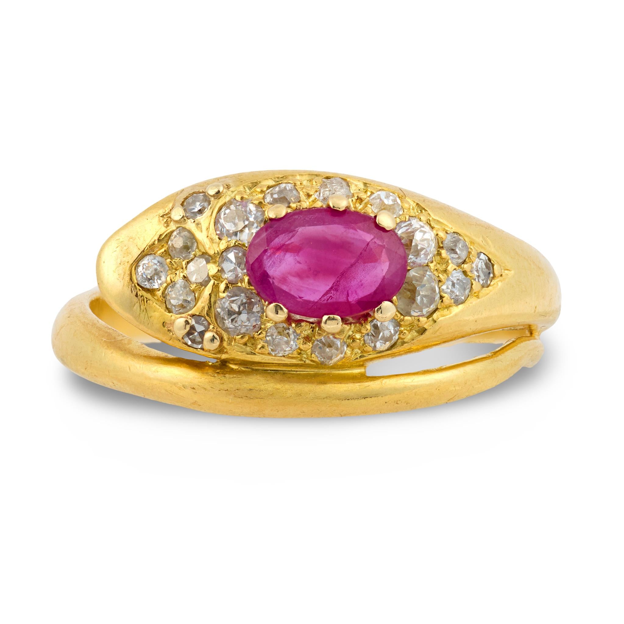 Victorian English ruby diamond 18k yellow gold snake ring