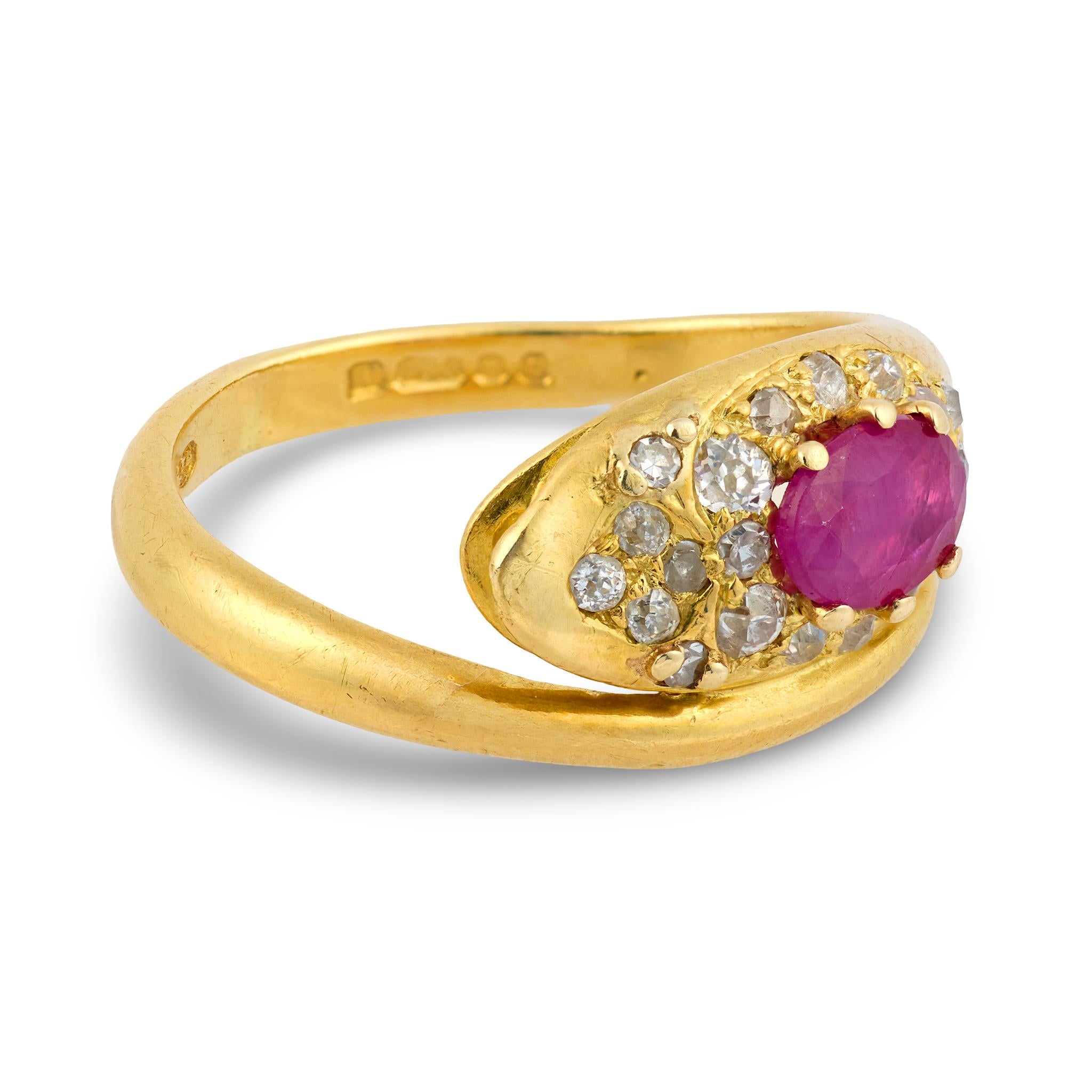 Victorian English ruby diamond 18k yellow gold snake ring