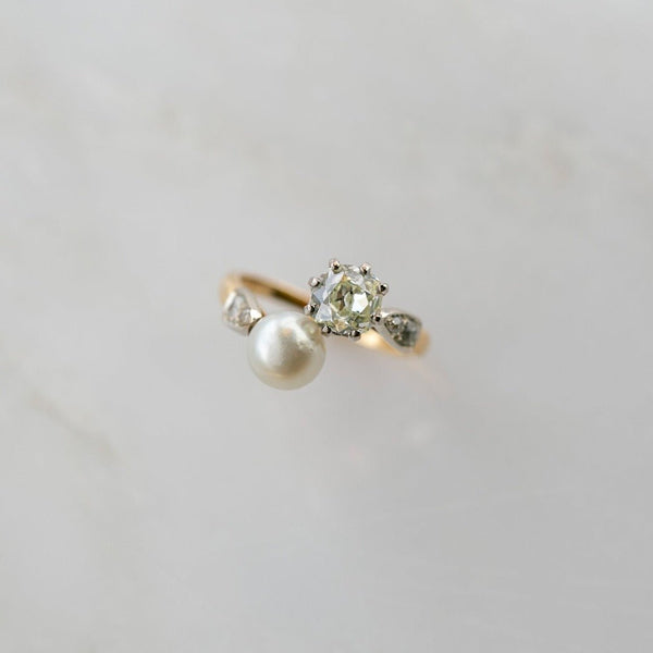 Antique Fancy Old Mine Cut Diamond & Pearl Toi et Moi Ring | Wolcott