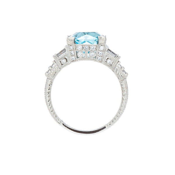 Art Deco Vintage-Inspired Aquamarine & Diamond Engraved Ring | Luxton