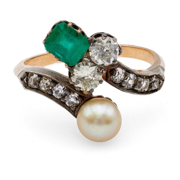 Belle Époque Vintage Emerald, Pearl, & Diamond Toi et Moi Ring| Eagleton