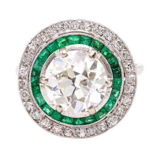 2.50ct Art Deco Diamond & Emerald Double Halo Target Ring | Bayonne