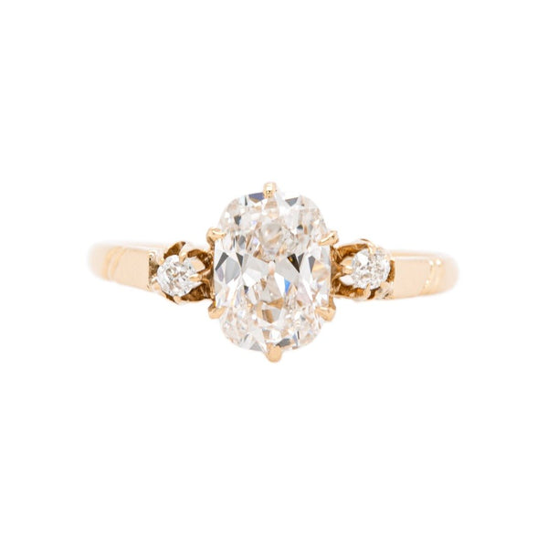 Timeless Victorian Rose Gold Three Stone Old Mine Cut Cushion Diamond Ring | Runnymede
