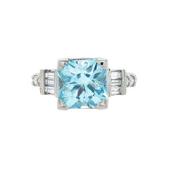 Art Deco Vintage-Inspired Aquamarine & Diamond Engraved Ring | Luxton