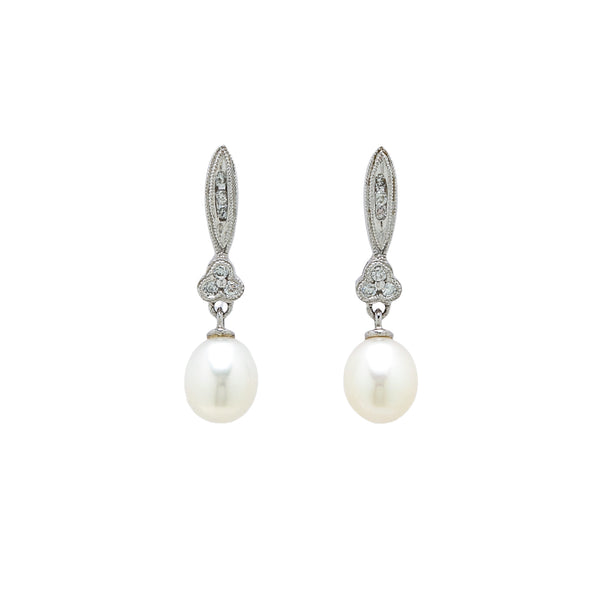 White Gold, Pearl & Diamond Drop Earrings