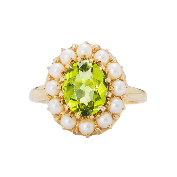 A fabulous Mid Century Peridot and Pearl Cocktail Ring