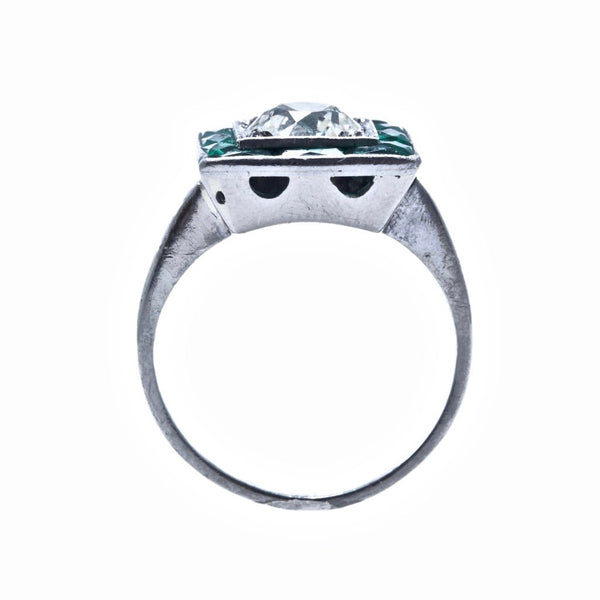 Gorgeous and Authentic Art Deco Platinum, Diamond and Emerald Halo Antique Engagement Ring | Berwyn