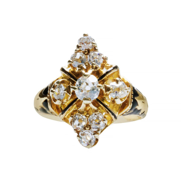 A Unique Victorian Era 14k Yellow Gold, Diamond and Black Enamel Ring | Bexley