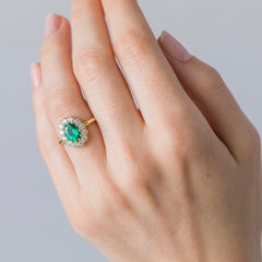 Emerald Braswell | Victorian Inspired Emerald Diamond Halo Vintage Engagement Ring