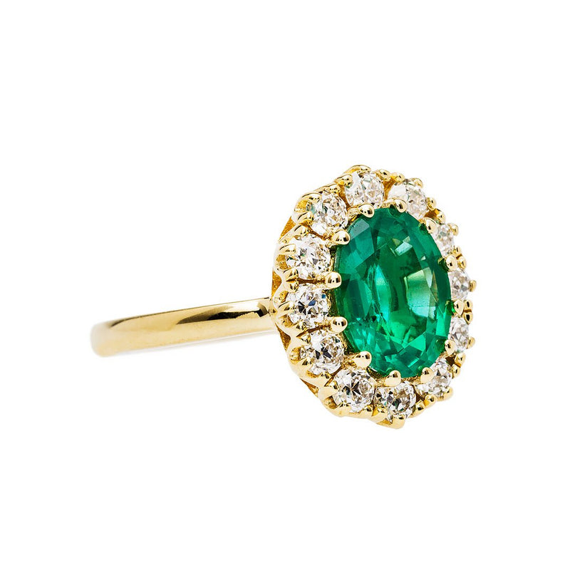 Emerald Braswell | Victorian Inspired Emerald Diamond Halo Vintage Engagement Ring