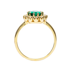 Emerald Braswell | Victorian Inspired Emerald Diamond Halo Vintage Engagement Ring