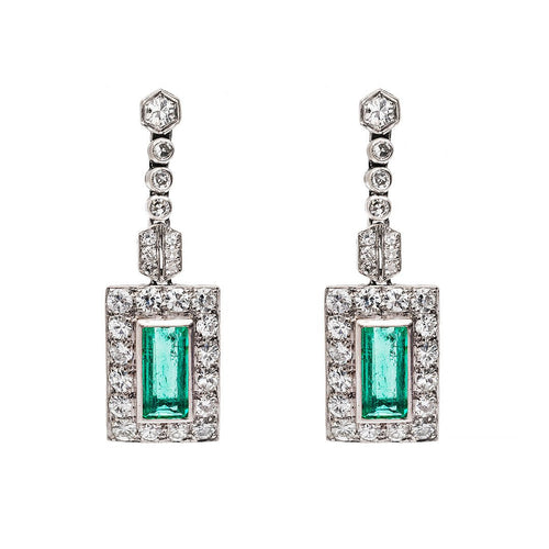 Timeless vintage Art Deco Emerald Earrings with Diamond Halo