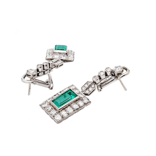 Timeless diamond drop earrings | vintage Art Deco Emerald Earrings with Diamond Halo