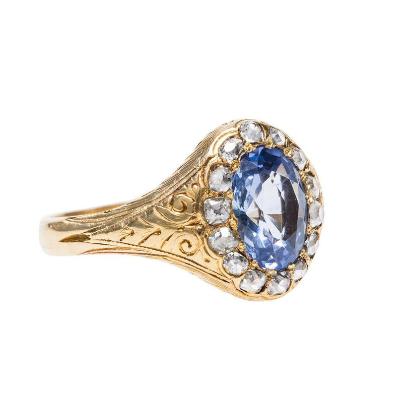 Incredible Victorian Yellow Gold, Unheated Sapphire and Diamond Halo Ring