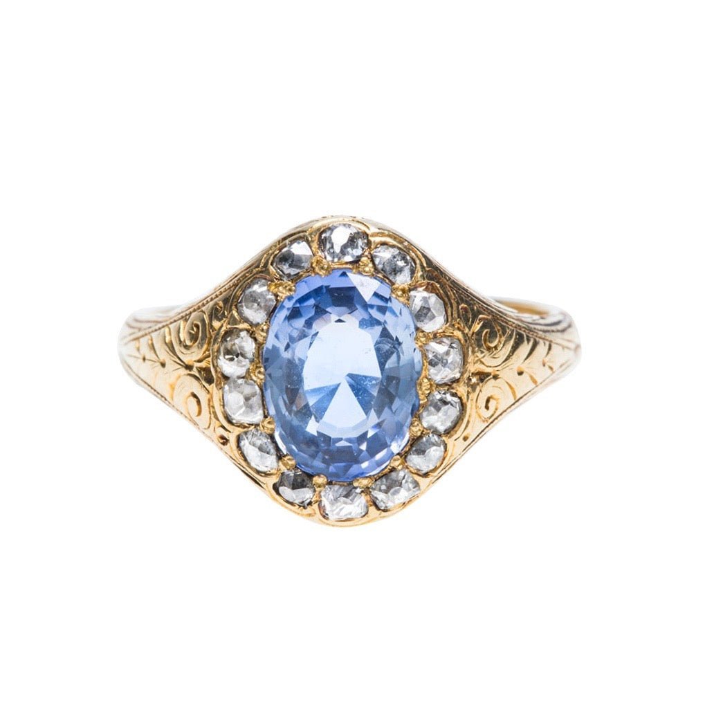 Incredible Victorian Yellow Gold, Unheated Sapphire and Diamond Halo Ring