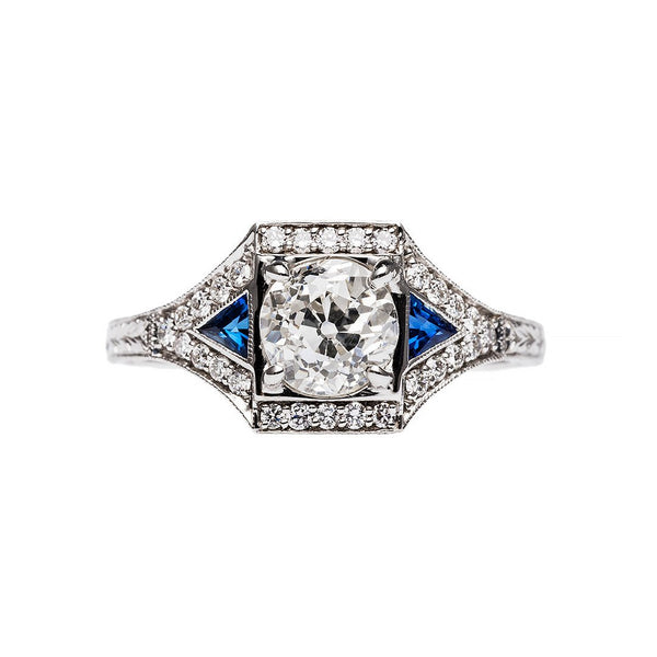 Geometric Art Deco Diamond and Sapphire Ring | Hermosa