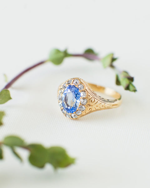 Incredible Victorian Yellow Gold, Unheated Sapphire and Diamond Halo Ring