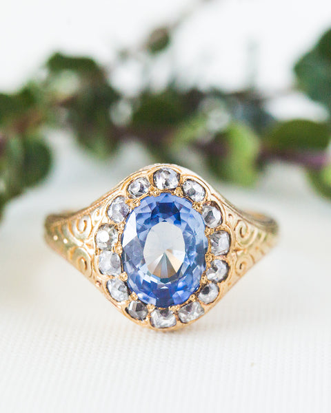 Incredible Victorian Yellow Gold, Unheated Sapphire and Diamond Halo Ring