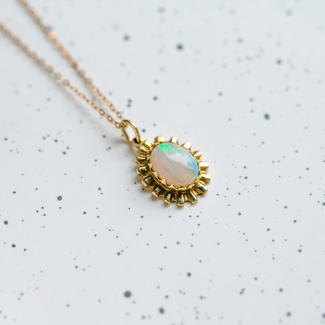 Mid-Century 14k Yellow Gold Opal Sunburst Pendant | Trumpet & Horn