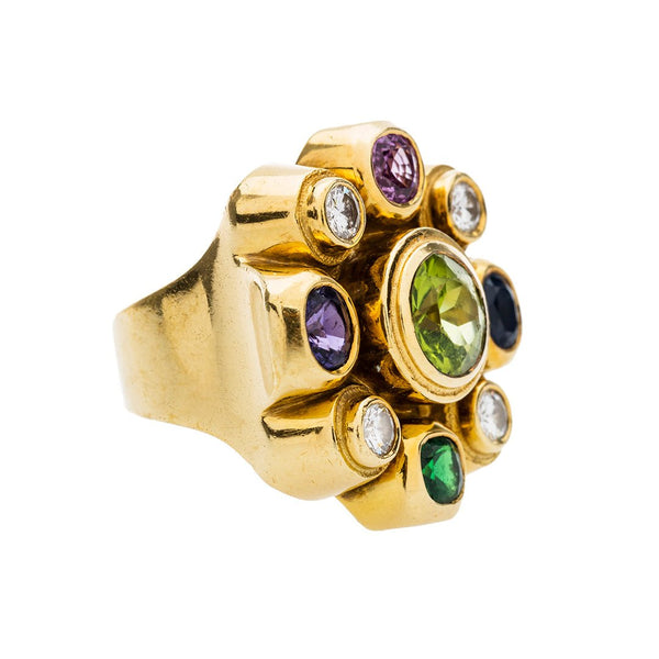 A Funky Yellow Gold, Diamond and Gemstone Cocktail Ring | Piccadilly Circus