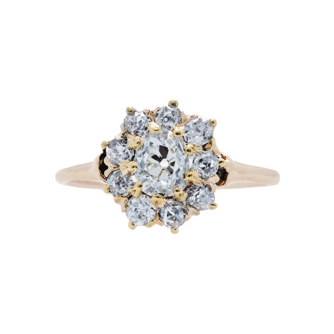 An Adorable and Authentic Victorian era 14k Yellow Gold and Diamond Cluster Ring