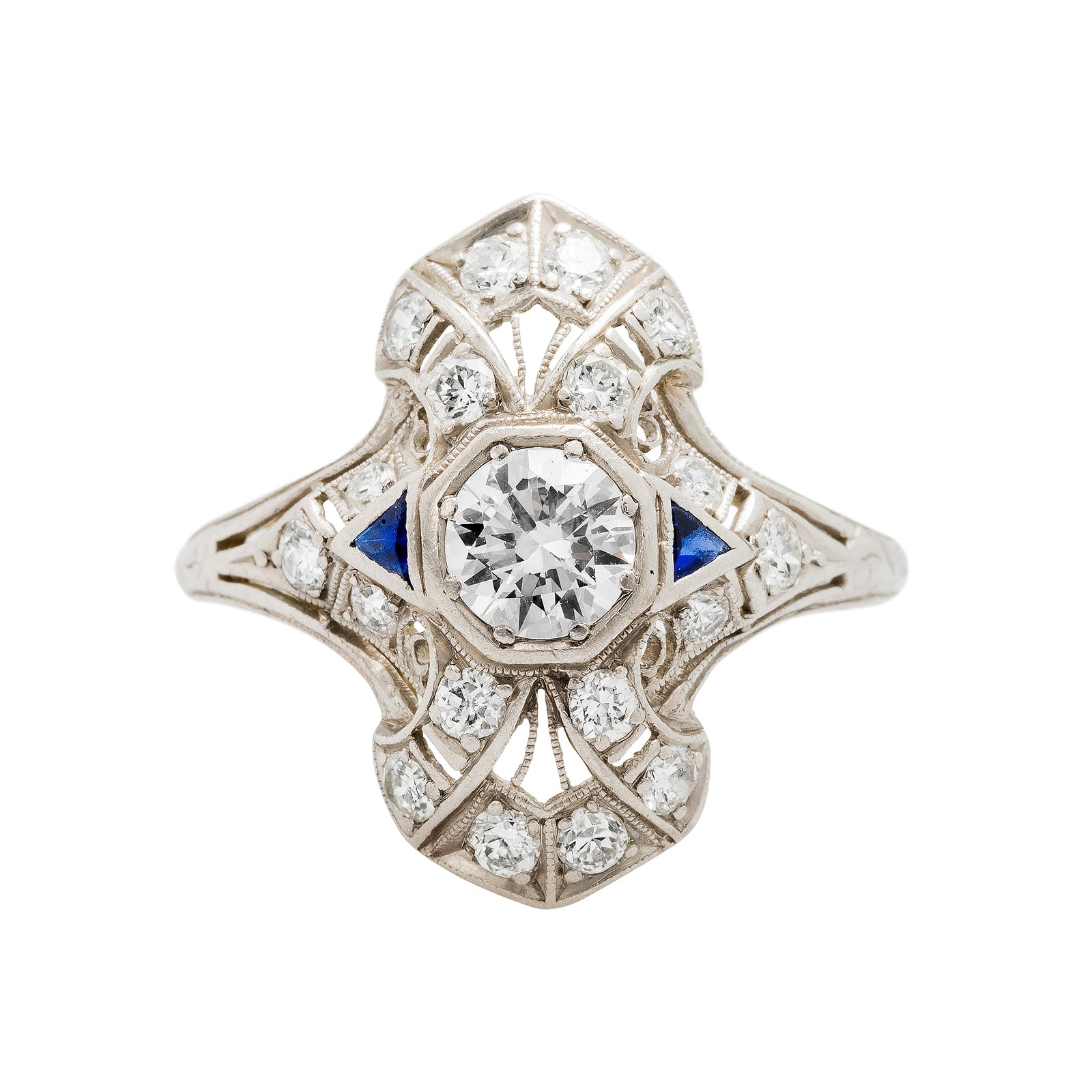 A Fabulous Authentic Art Deco Platinum Sapphire and Diamond Navette Ring 