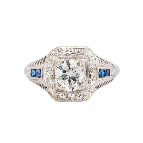 Antique Art Deco Vintage Diamond Engagement Ring with Sapphire Accents