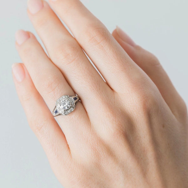 Antique Art Deco Vintage Diamond Engagement Ring with Sapphire Accents