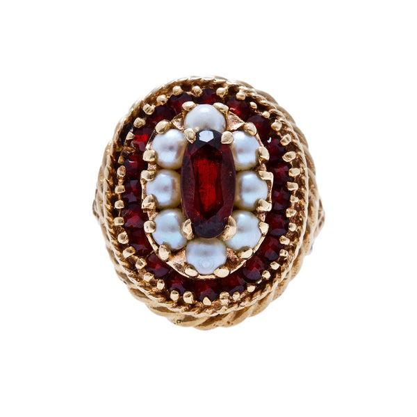 A Charming 1960's Vintage 14K Yellow Gold, Pearl and Garnet Ring | Moreland