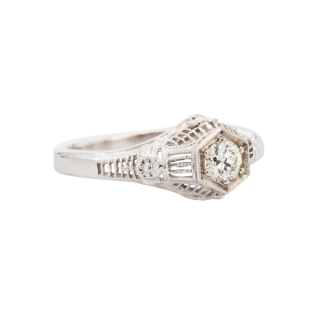 Edwardian era inspired 18kt white gold diamond engagement ring