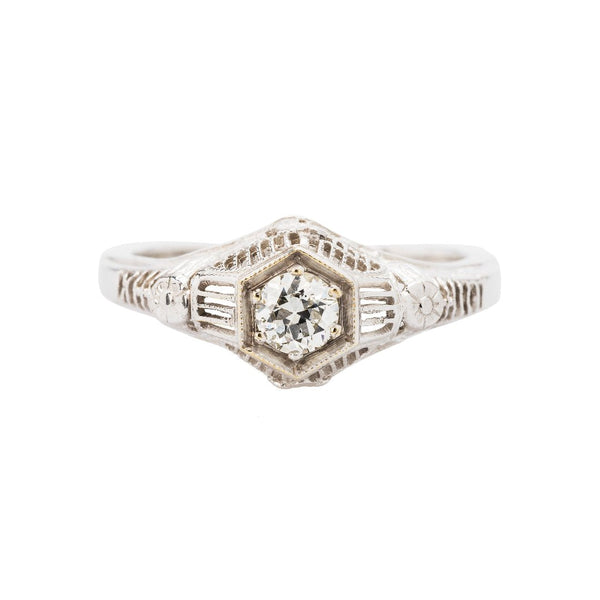 Edwardian era inspired 18kt white gold diamond engagement ring