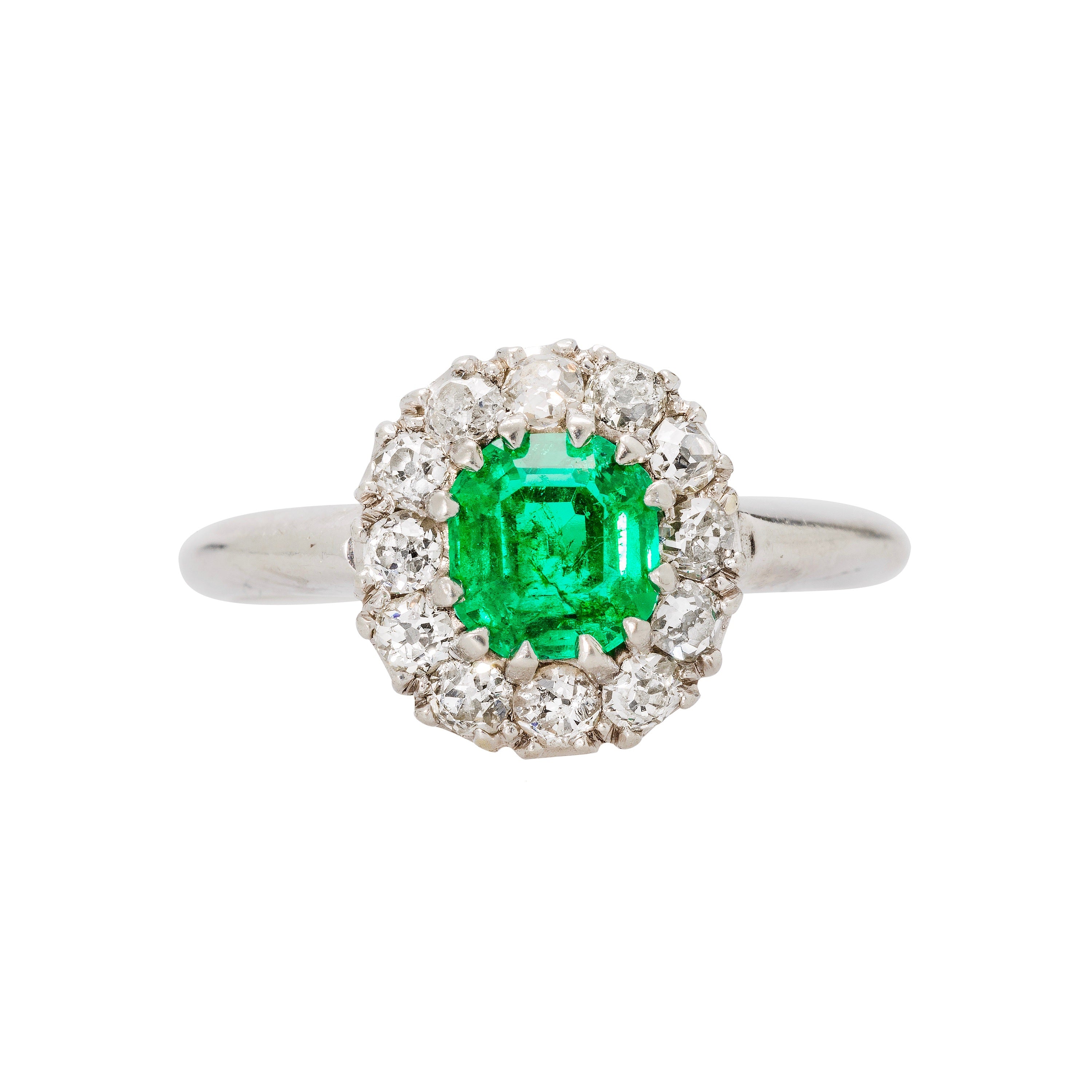 Authentic Art Deco era emerald, diamond and platinum ring.