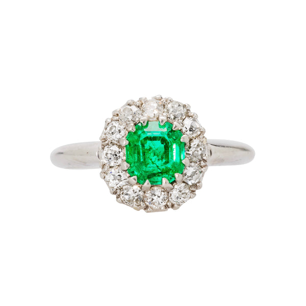 Authentic Art Deco era emerald, diamond and platinum ring.